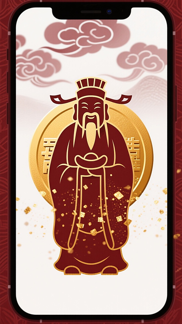 中式剪影风插画，融合皮影与鎏金元素，喜庆古典，展现财神形象，象征春节吉祥如意。