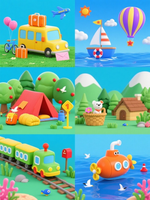六个风格统一的3D卡通旅游主题场景，每个场景都有不同的旅游元素，整体色彩变换，采用纯色背景，画面明亮活泼。第一个场景：黄色巴士停在绿色草地上，车顶上放着橙色行李箱，旁边有蓝色自行车、橙色行李箱和粉色信封，空中有蓝色飞机和粉色气球；第二个场景：蓝色帆船航行在蓝色海面上，船上有白色救生圈和黄色旗帜，天空中有白色云朵和橙色太阳；第三个场景：红色帐篷搭在绿色森林中，帐篷旁边有黄色睡袋、蓝色水壶和橙色背……预览效果
