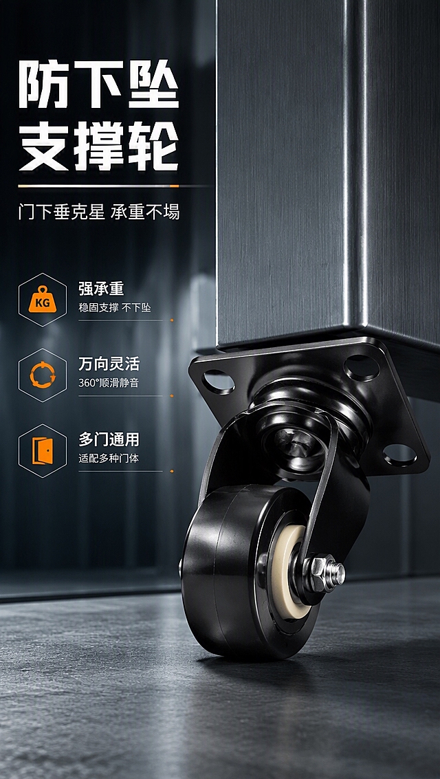 [商品] 使用【图1】防下坠下沉支撑轮；保留黑色方形四孔安装底板、黑色U型支架、黑色轮面+米白色轴承内层、金属螺栓结构、整体万向轮造型和材质质感；修复产品表面轻微划痕和污渍，增强金属光泽和漆面质感，不改变产品结构和比例。
[画面] 目标：专业头图，突出防下坠承重核心利益。构图：左文右图，产品占画面65%，产品放置于门底缝隙处做支撑示意，前景为门底局部+支撑轮受力状态，中景产品主体，后景虚化工业风金属背景。阅读动线从左上标题到右侧产品。
[视觉] 套系策略：风格=专业工业五金商业摄影；标题字=粗黑无衬线工业字体；正文字=简洁无衬线体；主色=深炭黑+金属灰；背景延展=深灰到黑的工业渐变背景，带金属拉丝纹理和冷调环境光；强调色=工业橙，仅用于小面积图标、引线和重点标签；标题色=纯白；正文色=浅银灰；组件=深色金属质感信息卡、细银线引线、工业风图标；光影=左前侧冷硬光，突出金属质感和立体感，产品底部带接触阴影。
[文字] 左上区域主标题「防下坠支撑轮」，副标题「门下垂克星 承重不塌」，下方3个短卖点：强承重/万向灵活/多门通用。文字不遮挡产品主体结构。
[规格] 图片比例9:16竖版，4K分辨率，负向提示：避免变形、错字、文字过小、产品结构改变、颜色失真、卡通风格、暖色调背景、模糊。