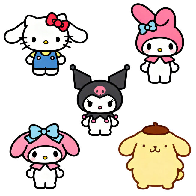 三丽鸥角色开心表情动作合集，Hello Kitty、玉桂狗、美乐蒂、库洛米、布丁狗每个角色单独一张，笑容灿烂，活泼跳跃动作，纯白色背景，Q版可爱风格，2K分辨率，1:1比例预览效果