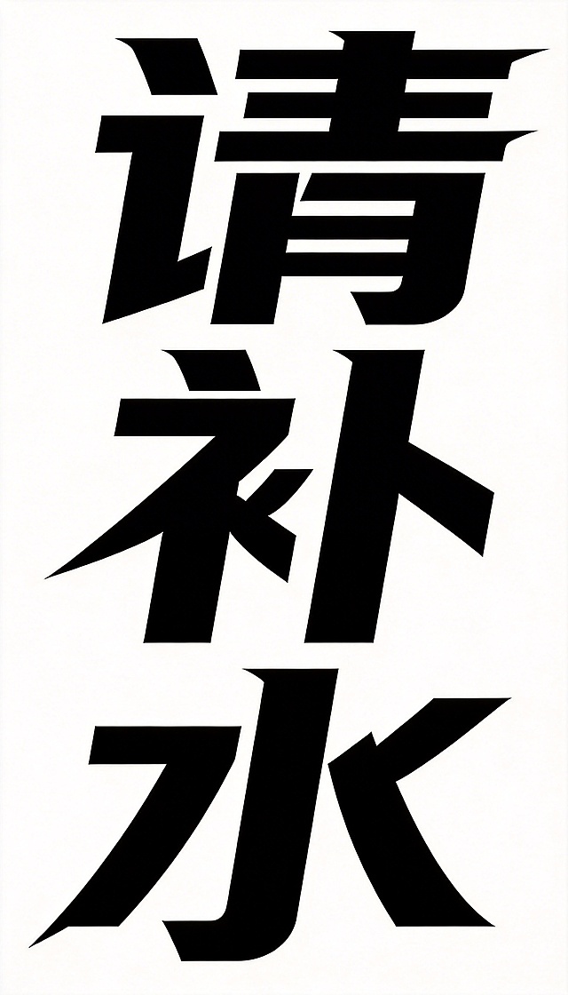 参考图中字体的创意设计风格，设计竖版排列的“请补水”黑色字体，白色背景