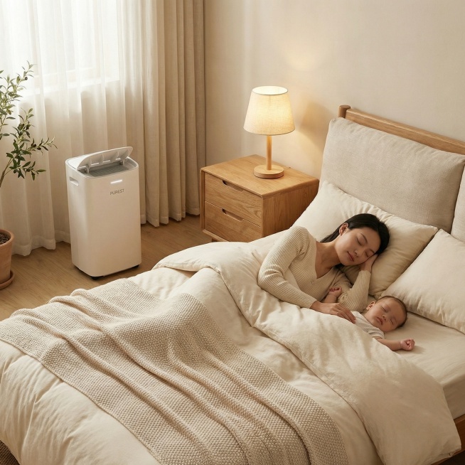 生成该除湿机在卧室的纯场景图，卧室温馨舒适，产品自然摆放其中，突出静谧的使用氛围预览效果