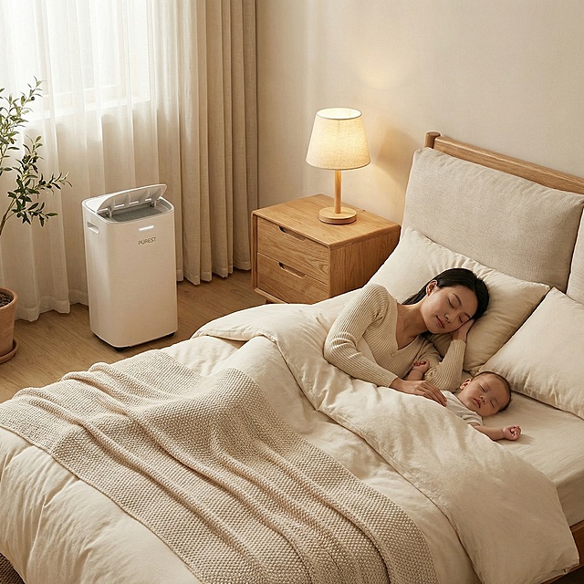生成该除湿机在卧室的纯场景图，卧室温馨舒适，产品自然摆放其中，突出静谧的使用氛围