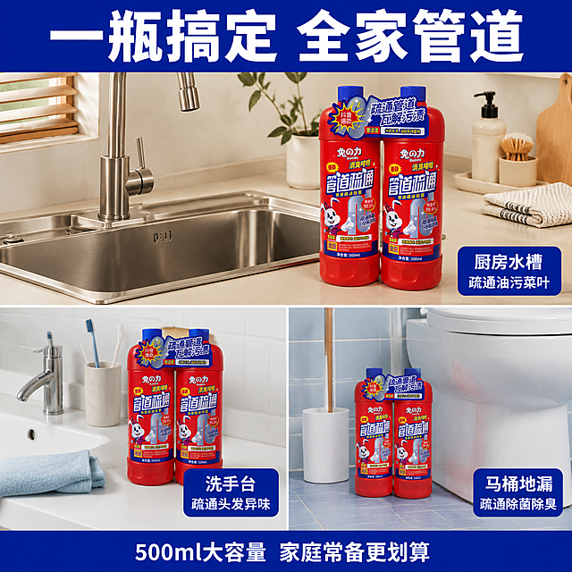 [主图-4] 管道疏通啫喱多场景适用展示
[氛围风格] 真实家庭场景，生活化代入感，实用主义
[画质] 商业摄影质感、场景真实自然、产品清晰融入环境
[元素] 画面采用三宫格场景分区布局，每个格子展示一个真实使用场景。上格：厨房水槽场景，不锈钢水槽旁台面上放着兔之力管道疏通啫喱，旁边有洗碗布和洗洁精，整洁的厨房台面背景。左下格：卫生间洗手台场景，白色陶瓷洗手盆旁放着产品，旁边有牙刷杯和毛巾，浴室瓷砖背景。右下格：马桶旁地面场景，产品放在马桶侧边的地面上，旁边有马桶刷，卫生间地砖背景。每个场景中的产品都保持外观与输入图一致。三个场景之间用细细的白色线条分隔。
[光影] 每个场景都采用自然明亮的家居光线，厨房偏暖白光，卫生间偏冷白光，整体光线均匀通透
[配色] 主色各场景真实家居色调（厨房暖木色+不锈钢、卫生间白色瓷砖+浅蓝）；产品红在每个场景中都作为视觉焦点；统一的深蓝色标题栏
[视角构图] 三宫格拼图布局，每格都是平视角度的场景摆放，产品在每个场景中都是视觉重心
[文字版式] 顶部通栏深蓝色标题区："一瓶搞定 全家管道"白色粗体大字。每个场景格子右下角有小标签：厨房格"厨房水槽 疏通油污菜叶"、洗手台格"洗手台 疏通头发异味"、马桶格"马桶地漏 疏通除菌除臭"白色小字。底部一行小字："500ml大容量 家庭常备更划算"。文字清晰可读，不遮挡产品主体。
[输出要求] 1:1比例，文字清晰锐利，超高清商业摄影质感
[负向提示词] 变形，文字错乱，产品图模糊，背景杂乱，水印，电商平台Logo，多余的手，畸形手，人物面部扭曲