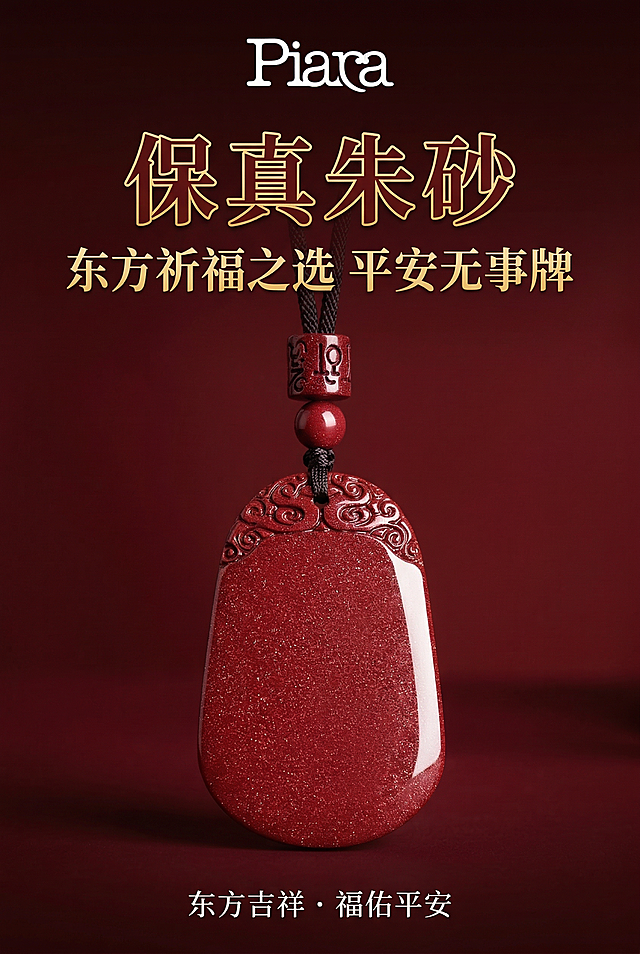 2:3竖版，杂志级精致排版，严格还原上传的产品图，包括包装设计、颜色、LOGO位置、文字内容、图案元素等所有细节，产品与场景比例1:1协调。主视觉为朱砂平安无事牌吊坠居中特写，酒红色主调搭配黑色挂绳，顶部品牌LOGO醒目，背景为高级哑光酒红色渐变，营造东方典雅氛围。主标题：「保真朱砂」，副标题：「东方祈福之选 平安无事牌」，文字采用无衬线书法字体，金色描边效果，品牌信息与产品核心视觉高度融合，整体风格统一、高级大气，30秒内抓住用户注意力。禁止模糊、低分辨率，禁止风格割裂、色彩杂乱，禁止文字排版混乱，禁止产品比例失调，禁止出现无关装饰元素，禁止非中式风格元素。