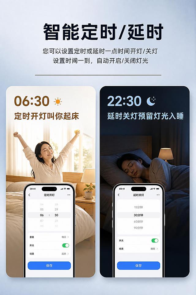 智能定时/延时功能介绍图，1:1复刻原图排版布局。顶部大标题"智能定时/延时"，副标题"您可以设置定时或延时一点时间开灯/关灯 设置时间一到，自动开启/关闭灯光"，中间黑色分隔线。左右两个卡片布局完全不变：左侧浅色卡片06:30定时开灯叫你起床，清晨场景女性伸懒腰，手机换成最新款苹果17手机（灵动岛设计），屏幕显示定时开灯APP界面；右侧深色卡片22:30延时关灯预留灯光入睡，睡眠场景，手机换成最新款苹果17手机（灵动岛设计），屏幕显示延时关灯APP界面。背景色更换为更高级的浅灰蓝色渐变背景，整体更现代简约。所有文字内容、排版位置、比例与原图一致