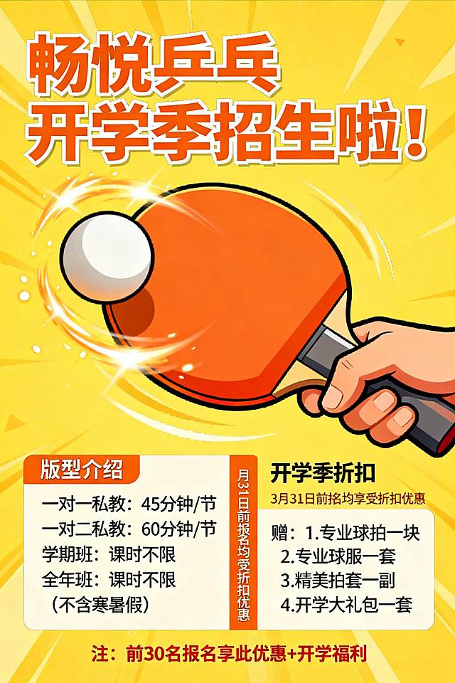 乒乓球培训开学季招生宣传单页，画面活力动感，有乒乓球、球拍元素，突出文字“畅悦乒乓开学季招生啦！”，详细列出：1、版型介绍： 一对一私教 ，45分钟/节； 一对二私教， 60分钟/节；学期班， 课时不限； 全年班，课时不限（不含寒暑假）2、开学季折扣： 3月31日前报名均享受折扣优惠 3、报名福利：赠：1.专业球拍一块 2.专业球服一套 3.精美拍套一副  4.开学大礼包一套 注：前30名报名享此优惠+开学福利。整体风格明快吸睛，适合学生群体