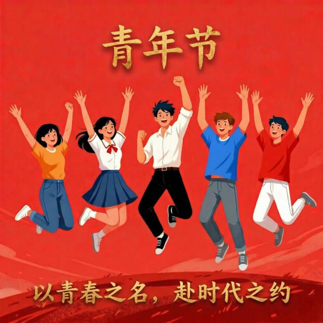 在图片合适位置添加文案“以青春之名，赴时代之约”，使用和“青年节”一致的楷书字体，保持整体风格协调，不改动人物和现有文字预览效果