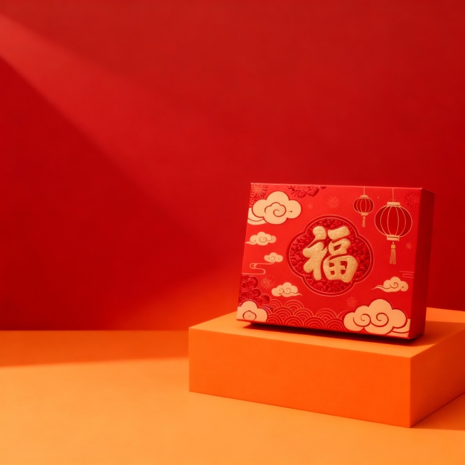 主体位于画面右侧，被放置在橙色展台上（主体占画面比30%，正面视角），红橙渐变背景，自然光影，保证溶图效果。预览效果