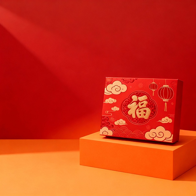 红金配色，浮雕质感，国潮风礼盒设计，融合祥云、灯笼与“福”字元素，尽显中式喜庆与鎏金华美。