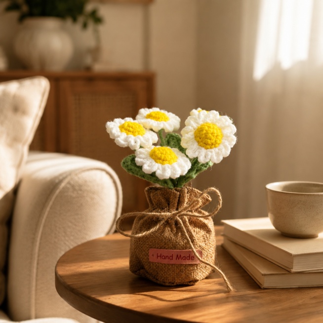 [主图-3] Handmade crocheted daisy potted displayed in home living room scene. Light low saturation war预览效果