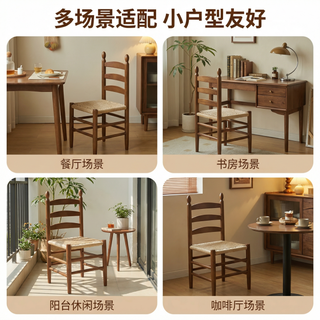 [主图 4] 多场景适配展示拼图
[氛围/风格] 保持统一温馨复古风格，自然光质感，统一色调。
[画面元素] 使用四宫格拼图展示同一把椅子在四个不同场景：左上餐厅场景、右上书书房场景、左下阳台休闲场景预览效果