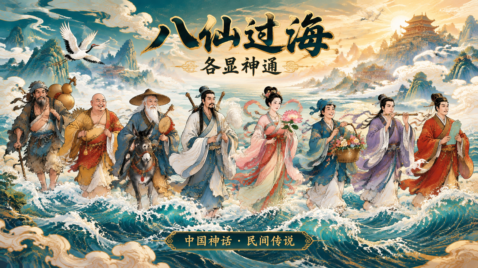 国风新中式工笔重彩风格，八仙过海文化艺术海报，横版16:9。画… - 图片创意预览