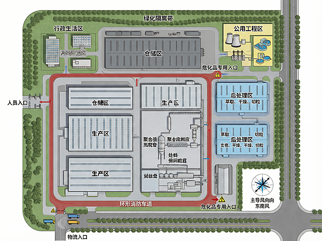 尼龙66生产工厂总平面布置示意图，专业工业厂区布局示意图，清晰标注各功能分区，包含生产区、后处理区、仓储区、公用工程区、行政生活区和绿化隔离带，标注主导风向东南风，包含人员入口、物流入口、危化品专用入口和环形消防车道，用不同颜色区分各功能区，工业图纸风格，线条清晰标注准确