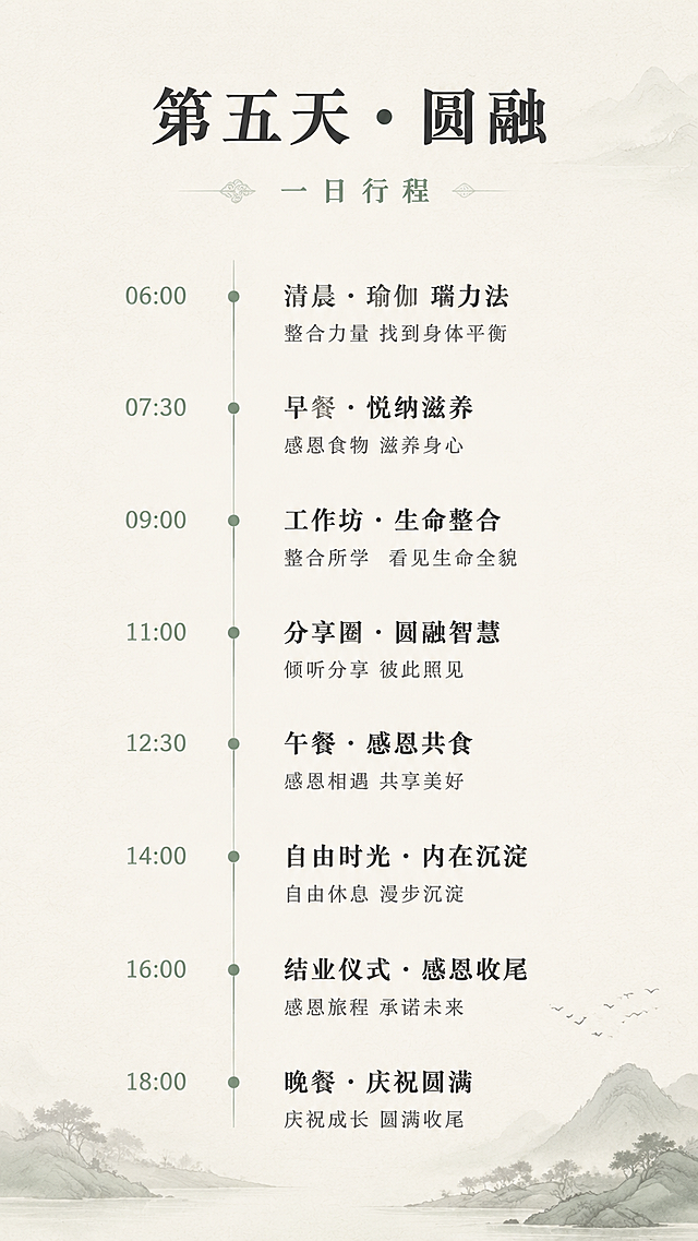 [第3屏] 五阶第五天完整课程流程安排
[氛围/风格] 禅意风，宁静时间轴设计，东方极简美学，舒缓氛围感，与前四阶保持一致风格
[元素布局] 顶部为标题"Day 5 圆融收尾"，中部采用竖向时间轴串联全天核心环节，每个环节用圆点标注，时间节点在左，内容介绍在右，整体对称舒展，背景为淡淡的宣纸纹理，边角用浅墨远山做远层次装饰，不抢主体信息
[光影质感] 均匀柔和漫射光，整体干净通透，无明显硬阴影
[配色色系] 全局底色：#F7F3EA；主文字深灰#2C2C2C，时间轴浅灰绿#9BB2A1，时间节点文字用浅灰绿标注
[视角构图] 竖向通屏排版，时间轴居中偏左，信息分块清晰，阅读动线流畅
[文字版式] 顶部大标题"第五天 • 圆融"加粗居中，小标题"一日行程"在下方，字号稍小；每个环节依次：清晨"瑜伽 瑙力法"+短说明"整合力量 找到身体平衡"，依次排列每个环节，层级分明，主标题加粗，说明文字浅色，行间距宽松，保证移动端阅读清晰
[比例分辨率] 9:16竖版比例，1080x1920，4K分辨率，文字清晰可辨
[负向提示词] 变形，水印，文字错乱，颜色偏差，背景杂乱，色彩鲜艳，线条杂乱，构图拥挤