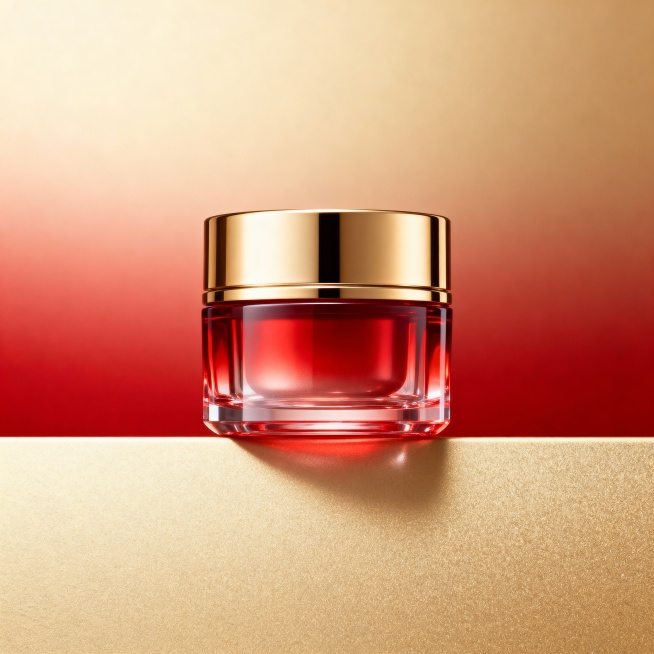 超红瓶抗皱面霜电商主图，产品居中立体展示，瓶身通透有光泽，瓶盖金色质感，背景渐变红金/香槟色，水平视角，突出高端奢华感。预览效果