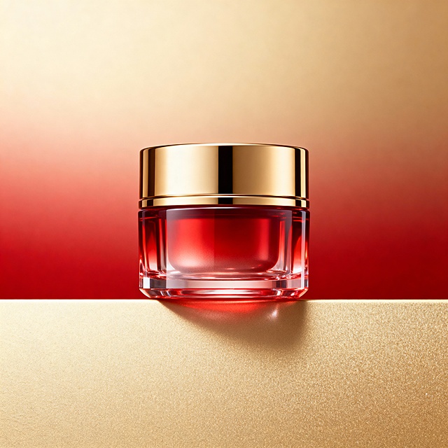 超红瓶抗皱面霜电商主图，产品居中立体展示，瓶身通透有光泽，瓶盖金色质感，背景渐变红金/香槟色，水平视角，突出高端奢华感。