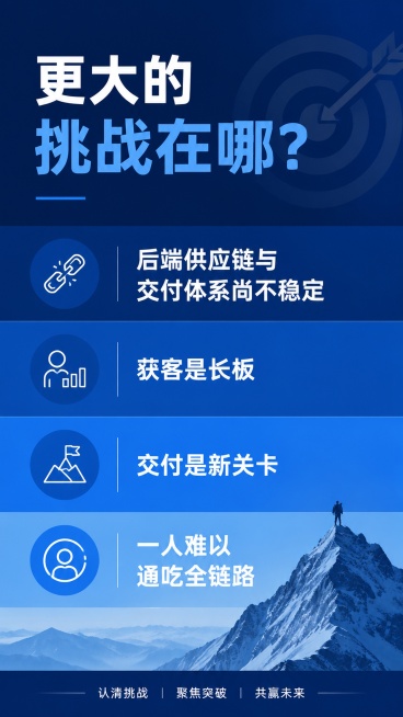 专业简约内容海报，问题："更大的挑战在哪？"，正文信息："后端供应链与交付体系尚不稳定 获客是长板 交付是新关卡 一人难以通吃全链路"。风格：商务简约，深浅蓝色块分区，信息层级清晰，版式精美，9:16预览效果