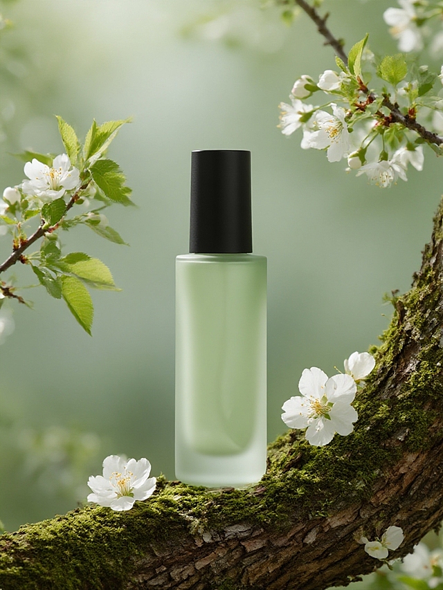 主体放置在树干上，左侧，有一个绿叶的花枝，右侧，有两个盛开的白色花朵，树干上还散落着一朵白花，背景为朦胧的绿色调，自然光线