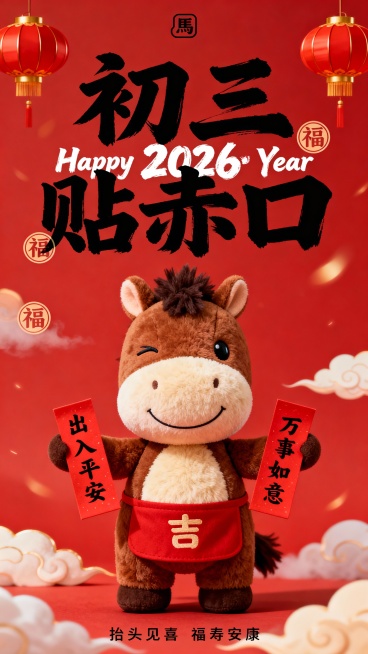 提示词：纯正面小马，Q 版棕褐配色的拟人毛绒小马公仔（腹部是浅米色毛绒，单眼眯起微笑，鬃毛为深棕短绒质感，圆鼓鼓的肚子），站立，身着简约红围裙（围裙绣 “吉” 字），双手各拿着一张红纸条，左手拿着红纸预览效果