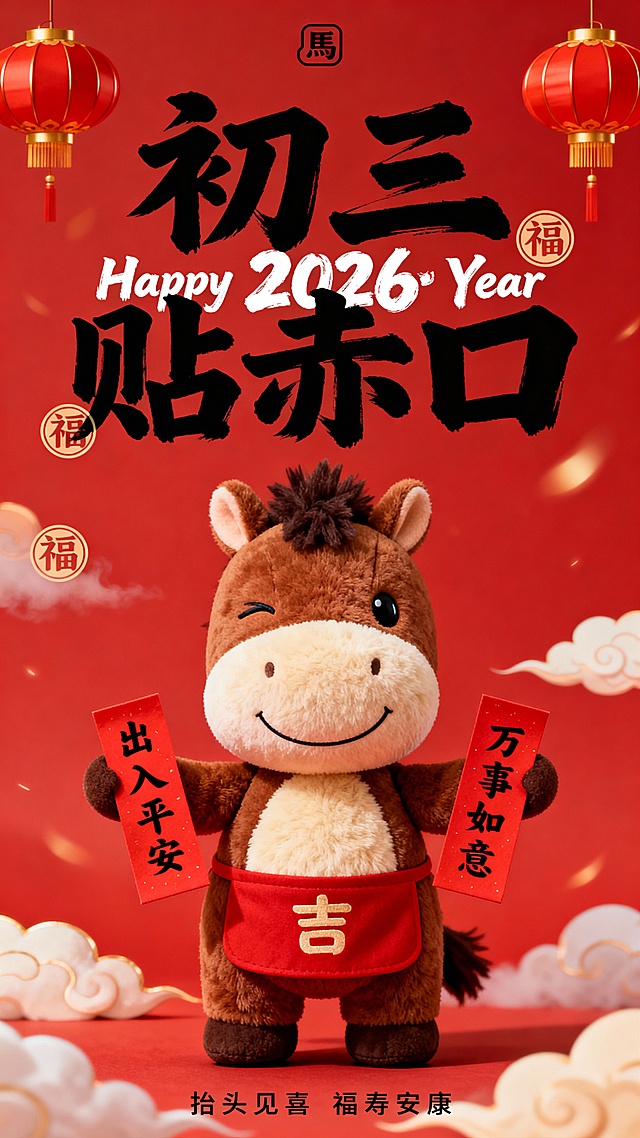 提示词：纯正面小马，Q 版棕褐配色的拟人毛绒小马公仔（腹部是浅米色毛绒，单眼眯起微笑，鬃毛为深棕短绒质感，圆鼓鼓的肚子），站立，身着简约红围裙（围裙绣 “吉” 字），双手各拿着一张红纸条，左手拿着红纸条上面写着出入平安，右手拿着红纸条上面写着万事如意。红色背景，搭配红 / 金配色灯笼与祥云光效；小马公仔位于画面中下部核心区域；画面上部排布大号黑色毛笔大字 “初三 贴赤口”（笔触清晰），中间叠印一行白色毛笔字体小字 “Happy New Year 2026”，背景文字两侧点缀圆形 “福” 字标识，画面顶部有小型 “馬” 字图形标识，底部有黑色很小的字 “抬头见喜 福寿安康”（2026 为毛笔字体）。