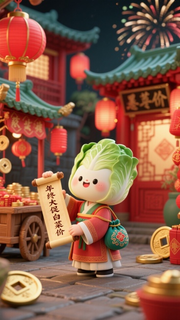 主视觉为身着汉服的白菜小人手持宣纸卷轴（写有 “年终大促白菜价”），背着传统刺绣荷包袋吆喝，国潮古集市促销氛围，红金与墨绿配色的古集市背景，点缀铜钱、红灯笼、古风烟花、木质推车元素。预览效果