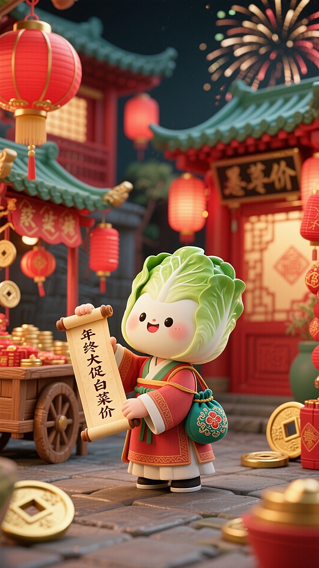 软3D风拟人白菜角色，身着国潮服饰，手持促销卷轴，置身红灯笼与烟花点缀的喜庆街景，卡通可爱，充满节日氛围。