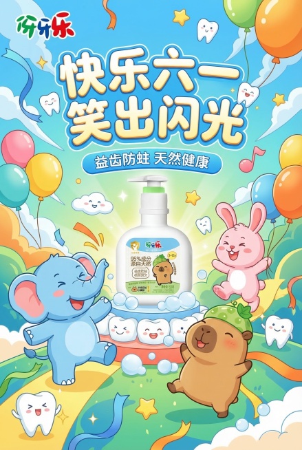 伢牙乐儿童节主题A3海报，整体画面清新有趣，充满童趣的节日氛围，融入伢牙乐IP人物皮皮甜甜，人物与背景融合自然，展示卡皮巴拉联名款伢牙乐儿童牙膏，左上角放置伢牙乐品牌logo，添加主标题“快乐六一，笑预览效果