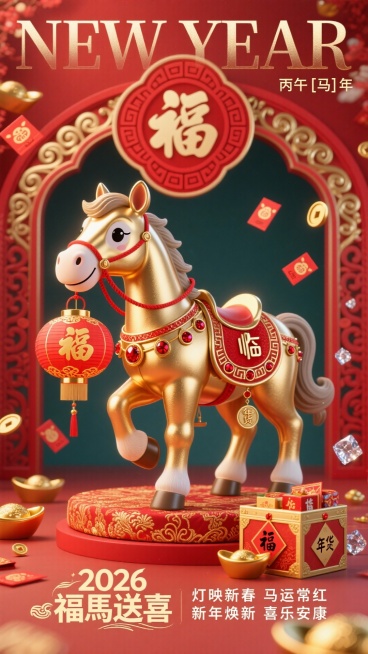 红色系主色调，软萌生肖马为主体，亮金色金属质感，圆耳短鬃，单前蹄抬起、嘴衔红绳挂着 “福” 字灯笼（灯笼描金纹），神态歪头晃耳显灵动鲜活；鞍具、鬃毛饰红色回纹纹样，嵌小红宝石；萌马置于带卷草金纹的红装预览效果