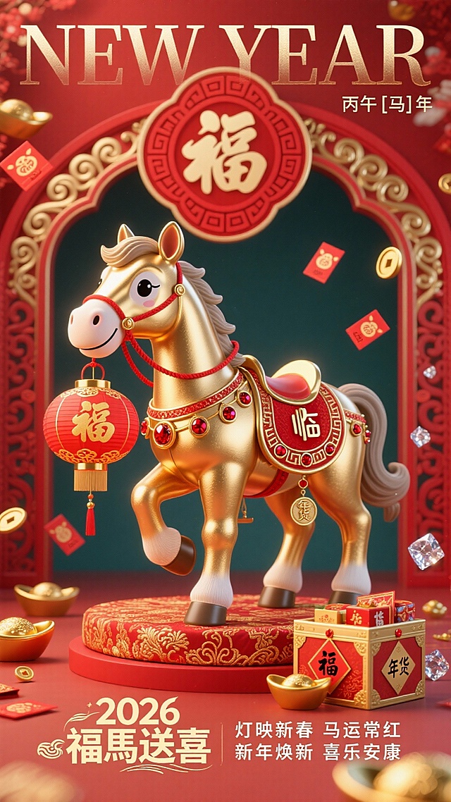 红色系主色调，软萌生肖马为主体，亮金色金属质感，圆耳短鬃，单前蹄抬起、嘴衔红绳挂着 “福” 字灯笼（灯笼描金纹），神态歪头晃耳显灵动鲜活；鞍具、鬃毛饰红色回纹纹样，嵌小红宝石；萌马置于带卷草金纹的红装饰框内，框周散落印马标识红包、金元宝、闪水晶；文字排版： 上部：大号浅金英文 “NEW YEAR”（半透明）； 中上部：红色团纹框 +“福馬临”（大字）+“丙午 [马] 年”（小字）； 中下部：萌马主体； 底部：左侧 “2026 福馬送喜”（艺术字），右侧 “灯映新软萌生肖马为主体，亮金色金属质感，圆耳短鬃，双前蹄拢着大红 “福” 字春帖（春帖烫金纹），后蹄蹬在堆起的年货箱上（箱印 “年货” 字样），神态眯眼笑显灵动鲜活；鞍具、鬃毛饰红色如意纹，嵌小红宝石；萌马与年货箱置于带锦缎金纹的红框内，框周散落印马标识的春联、金元宝、糖果盒；文字排版： 上部：大号浅金英文 “SPRING BLESSING”（半透明）； 中上部：红色团纹框 +“福馬临”（大字）+“丙午 [马] 年”（小字）； 中下部：萌马 + 年货堆主体； 底部：左侧 “2026  福伴马年”（艺术字），右侧 “捧福送春 马递吉兆”“新年货满 好运常随”（两行文案），最下小字 “稳定全勤祝您：新春快乐！福帖临门，好运满仓”。春  马运常红”“新年焕新 喜乐安康”（两行文案）