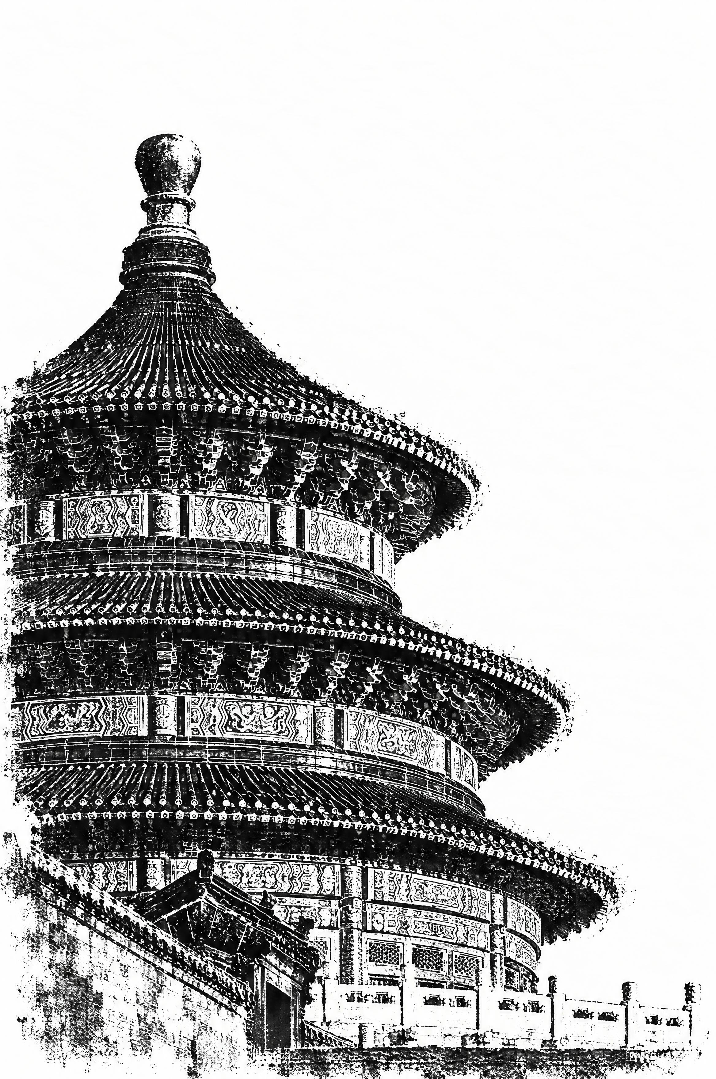 黑白建筑拓印画，天坛祈年殿侧面视角蘸浓墨印在宣纸上，自然斑驳的… - 图片创意预览