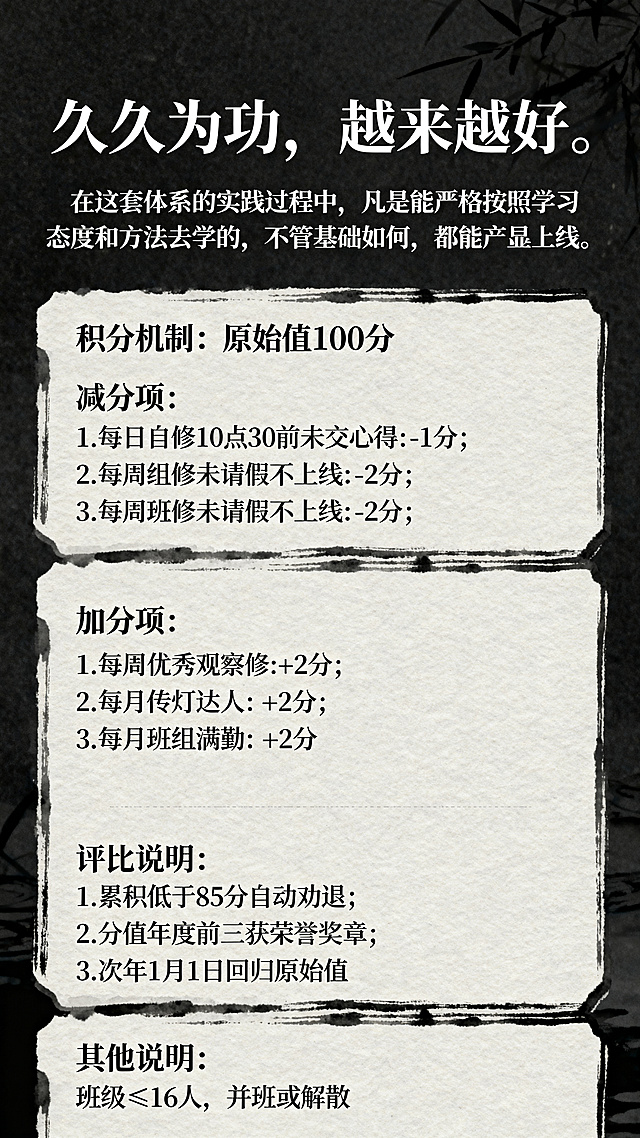 设计一张禅意学习积分机制海报，顶部大字标题为"久久为功，越来越好。"，正文内容："在这套体系的实践过程中，凡是能严格按照学习态度和方法去学的，不管基础如何，都能产生明显进步"，然后分块展示积分机制：原始值100分，减分项：1.每日自修10点30前未交心得:-1分；2.每周组修未请假不上线:-2分；3.每周班修未请假不上线:-2分。加分项：1.每周优秀观察修:+2分；2.每月传灯达人:+2分；3.每月班组满勤:+2分。评比说明：1.累积低于85分自动劝退；2.分值年度前三获荣誉奖章；3.次年1月1日回归原始值。其他说明：班级≤16人，并班或解散。整体风格简约雅致，禅意国风，文字清晰排版工整。