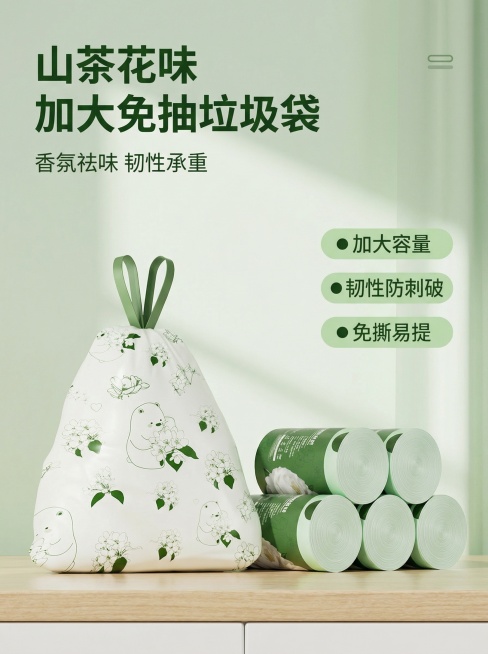 [主图 1] 加大免撕山茶花一次性垃圾袋首图
[主图主题]山茶花香氛大容量一次性垃圾袋产品首图
[氛围/风格]简约清新生活场景，清洁感，自然光柔和
[画面元素]用户提供的山茶花印花抽绳垃圾袋束口成品和预览效果