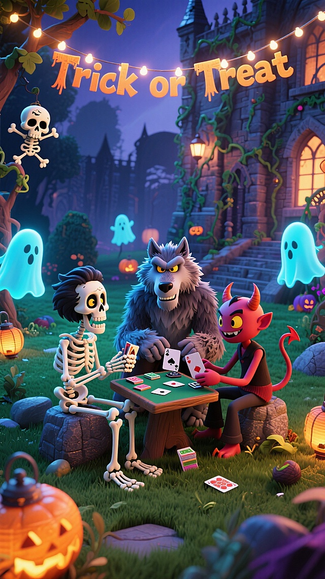 古堡庭院，3个角色，骷髅、狼人、小恶魔在草坪上玩斗地主。周围有飘荡的幽灵灯笼和爬满藤蔓的骷髅装饰，上方灯串挂着文字“Trick or Treat”，背景是阴森又古老的城堡，整体风格神秘又充满童趣