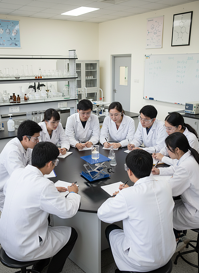 大学教学实验室，一个手动升降台置于环形实验桌中央，台上是一个正在进行的化学发光或晶体生长演示实验。，周围围着几名身穿白大褂的学生正在观察记录。场景自然，光线明亮      比例3:4