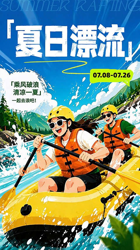 玩水季夏季水上乐园漂流营销宣传卡通风竖版海报