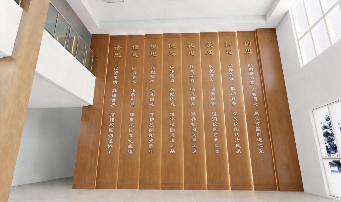 把文化墙的木材面板调整为浅胡桃色，保持新中式风格和校园大厅文化墙设计预览效果