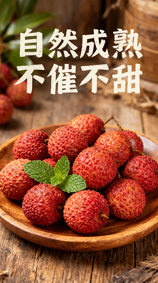 基于原图的新鲜荔枝，生成电商详情图，添加文案"自然成熟 不催不甜"，展示荔枝放在木质果盘里，搭配两片薄荷叶，乡村复古风，自然原生态氛围