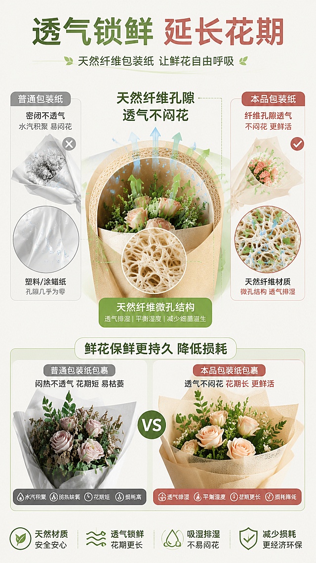 使用商品详情页技能根据商品图生成详情页，参考图为，商品名称为鲜红包装纸，卖点为古法天然・东方质感：楮树皮长纤维制作，自然肌理 + 哑光复古色，拍照出片，提升花束溢价。 ✅ 强韧耐折・塑形无忧：长纤维交织紧密，抗撕裂、耐弯折，新手也能包出高级感，不易破损。 ✅ 透气锁鲜・延长花期：天然纤维孔隙透气，不闷花瓣、防发霉，鲜花保鲜更久。 ✅ 柔软挺括・百搭好包：质地绵软不硬挺，易折易定型，包裹花束服帖，边缘平整不翘边。 ✅ 环保可降解・绿色花艺：纯植物楮皮原料，无化学残留，可自然降解，适配高端环保花艺需求。 ✅ 复古高级・场景百搭：自然米白 / 奶黄 / 浅咖色，适配侘寂风、新中式、复古风花束、礼盒、花艺设计。，适配平台为淘宝/天猫，图片比例为9:16，需求屏数为8张，鲜红包装纸克重115g，颜色有甘露 贡熙 嘉木 敬亭 蓝英 清淮 清友 松萝 雪青 玉藤 郁雾11种颜色，尺寸有大度8K4K16KA4A3A5等多种尺寸