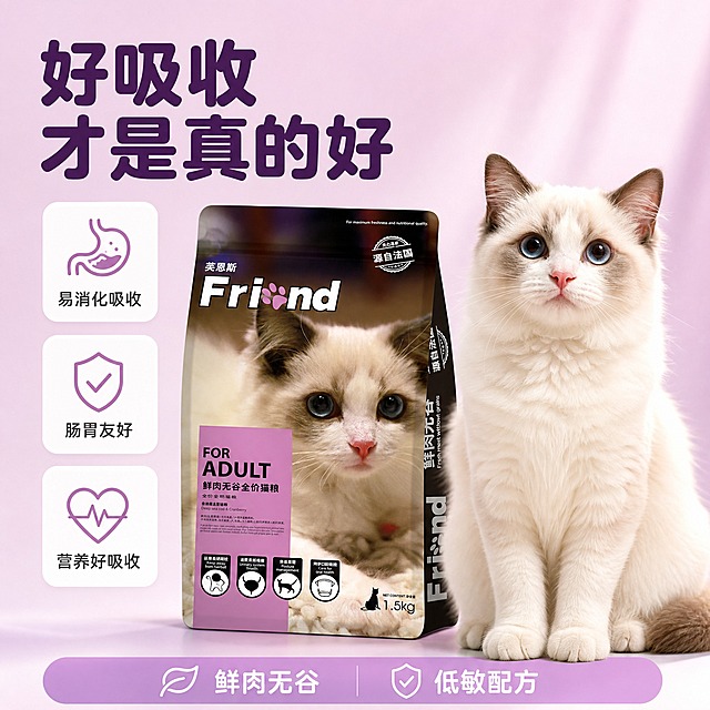 [主图-4] 消化吸收与肠胃友好展示图 突出猫咪健康状态
[统一基调] 淘宝宠物食品主图 专业品质软萌亲和风 主背景为浅粉紫渐变柔色 辅助色为白色和浅紫 强调色为深紫和粉紫 卡片为白色圆角矩形 图标为线性圆润风格 标题用圆润粗体字 深紫色 辅助文字用深灰色 整体干净明亮 宠物电商质感
[画面] 画面右侧是一只健康活泼的成年猫咪 毛色光滑 体态匀称 正坐在地上抬头看向前方 猫咪占画面约40% 画面左侧放置猫粮包装袋 略微右倾 占画面约30% 包装袋和猫咪之间有三个竖向排列的白色圆角小卡片 从上到下分别是 图标为肠胃形状 配文 易消化吸收 图标为盾牌形状 配文 肠胃友好 图标为活力心形 配文 营养好吸收 画面顶部左侧主标题 好吸收 才是真的好 底部有一条浅紫色装饰条 写 鲜肉无谷 低敏配方
[光影质感] 柔和自然光从右侧打来 猫咪毛发蓬松有光泽 产品有自然立体感和接触阴影 整体明亮温暖 商业宠物摄影质感
[配色] 主背景浅粉紫渐变 白色圆角卡片 深紫色标题 图标粉紫色 猫咪保持真实毛色 整体统一在粉紫色系
[文字版式] 左上主标题 好吸收 才是真的好 大号深紫圆润粗体 左侧竖排三个卡片 每个卡片图标在上 文字在下 底部装饰条文字居中 所有文字清晰可读
[输出要求] 1:1正方形 1440x1440 产品清晰不变形 文字清晰无错字 画面干净 无水印 无平台Logo 无多余杂物 猫咪形态自然健康 不出现畸形