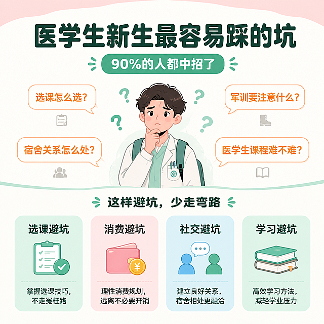 [主图-2] 痛点与学习目标 医学生新生入学常见坑 激发共鸣
[统一基调] 小红书商业海报风格 清新马卡龙配色 主色薄荷绿+奶白色 辅助色浅粉+浅蓝 强调色暖橙 字体用圆润无衬线粗体 标题字色深墨绿 辅助字色深灰 卡片用圆角轻阴影 整体干净通透有原生感
[画面] 上下分栏版式 上半部分是痛点场景 一个迷茫的医学生新生 周围漂浮着问号 选课怎么选 军训要注意什么 宿舍关系怎么处 医学生课程难不难 下半部分是解决方案 四个彩色圆角卡片分别对应 选课避坑 消费避坑 社交避坑 学习避坑 每个卡片配小图标 背景奶白色 顶部有浅粉渐变装饰条
[光影质感] 商业海报质感 平涂风格 光线均匀 色彩柔和
[配色] 奶白主背景 浅粉顶部装饰 深墨绿标题 暖橙痛点标签 薄荷绿解决方案卡片
[文字版式] 顶部大标题 医学生新生最容易踩的坑 副标题 90%的人都中招了 中间四个痛点小标签 选课难 消费坑 社交懵 学习累 下方四个解决方案卡片 每个卡片有标题和一句话说明 文字层级分明 大字醒目小字清晰
[输出要求] 1:1比例 2048x2048 文字清晰可读 画面干净 无水印 无平台logo 无变形 无错字 禁止杂乱元素