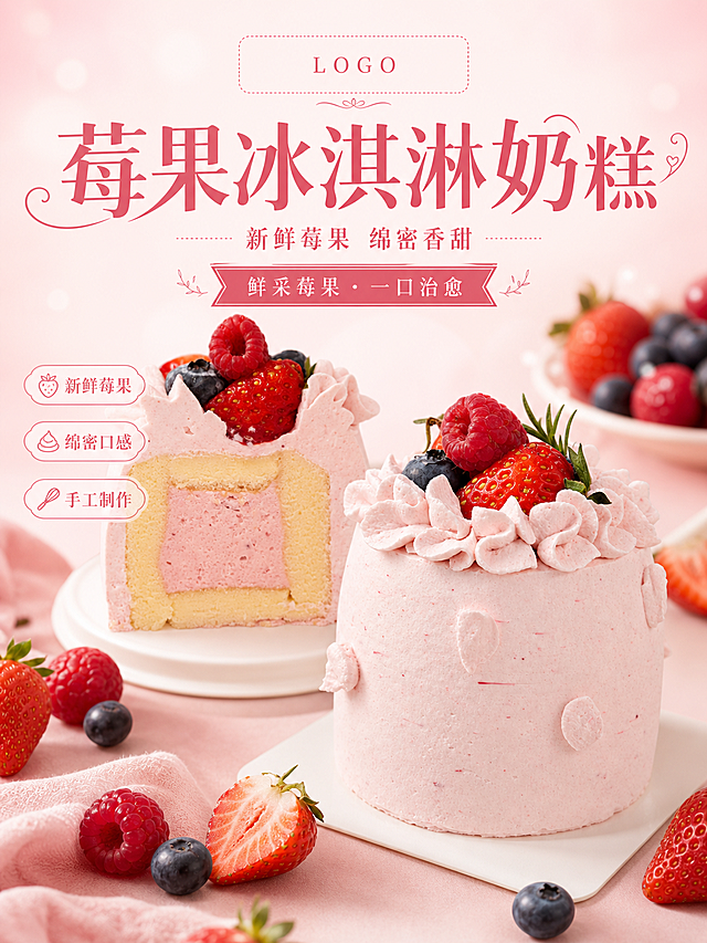 制作一张莓果冰淇淋奶糕商品营销海报，画面比例为3:4，上方预留出logo放置区域。产品主标题"莓果冰淇淋奶糕"，副标题"新鲜莓果 绵密香甜"，装饰文案"鲜采莓果 · 一口治愈"，卖点标签"新鲜莓果"、"绵密口感"、"手工制作"。海报设计为写实商业甜品风格，突出食欲感，粉色奶糕搭配新鲜草莓蓝莓树莓，100%还原上传商品图的产品外形、颜色和结构，图1完整成品和图2切面同时展示在画面中，主大辅小前后错落摆放。上方为标题和logo留白区域，产品主体位于海报中下部，背景采用柔和浅粉色渐变，点缀少量新鲜莓果元素，整体清新甜美，暖光烘托浓郁甜蜜氛围，版式精美，分辨率超高清4k，文字清晰可读不遮挡产品主体。