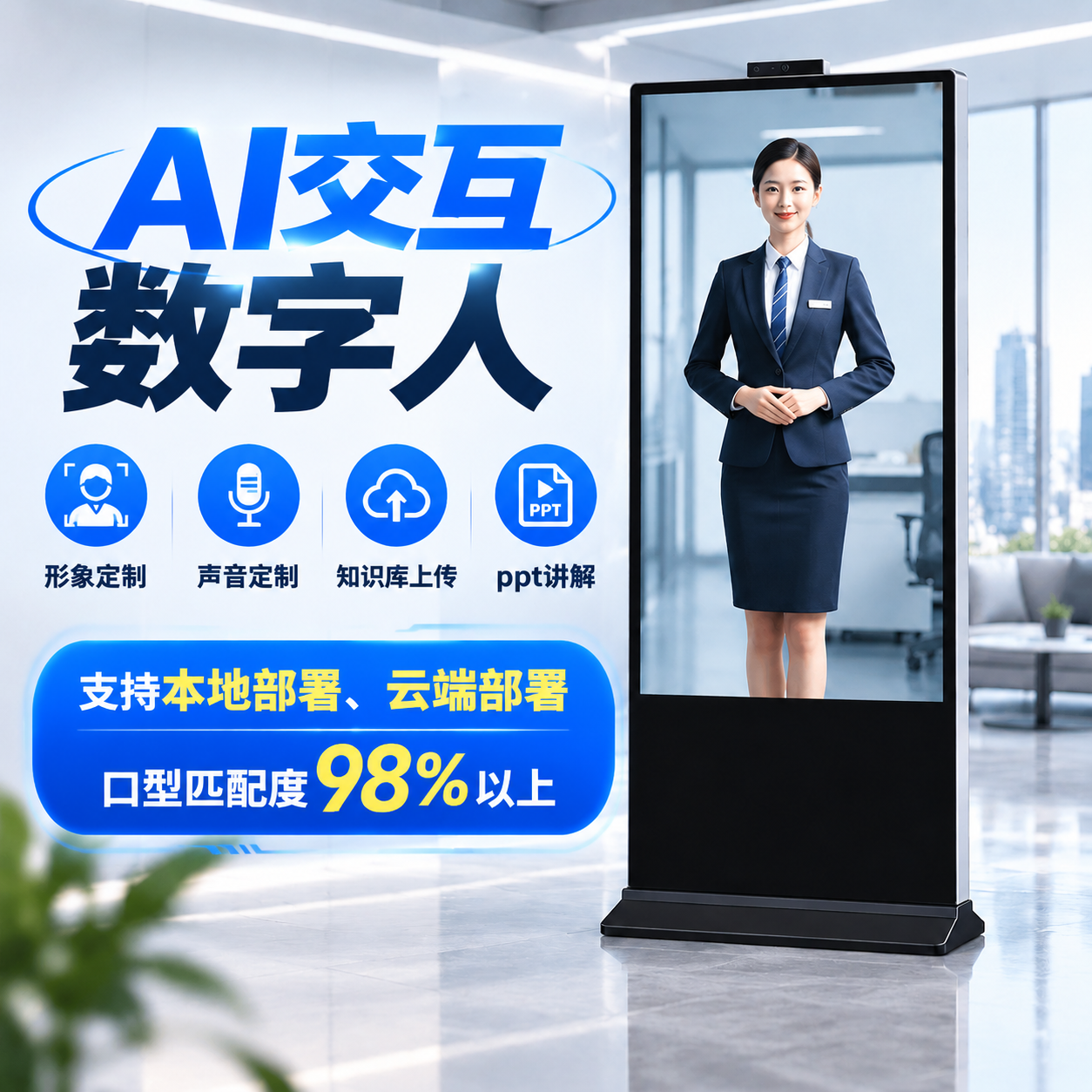 淘宝电商主图，以参考图中的AI交互数字人立式广告机为主体，科技… - 图片创意预览