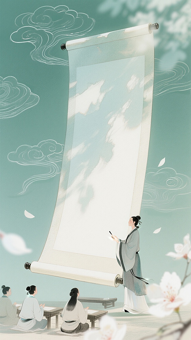 混合细腻彩铅质感的低饱和绿色背景图：前景飘过动态虚化的白色花瓣，悬浮特写一本巨型空白卷轴，女夫子在前面给学子讲课；底纹是白色细线条的祥云纹样。