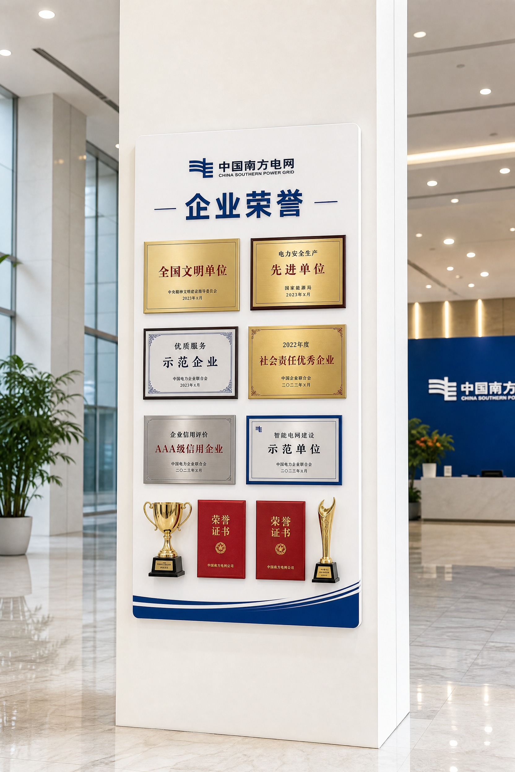 生成一张白色方形柱子上南方电网企业荣誉展示效果图，画面比例为4… - 图片创意预览