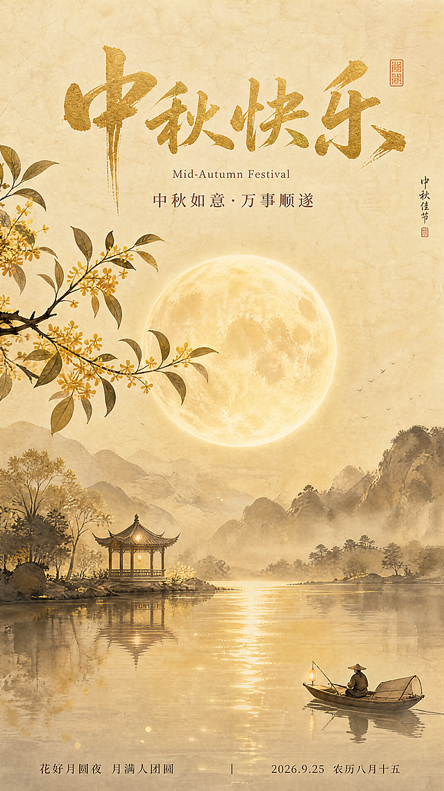 竖版国风中秋海报，水彩水墨国风，宣纸肌理背景，暖金黄色调。画面上方金色毛笔书法大字“中秋快乐”，英文小字Mid-Autumn Festival，副标题“中秋如意·万事顺遂”。画面左侧伸出一枝桂花，金黄桂花与绿叶。画面中部一轮巨大饱满通透的金色满月。远景淡墨远山，湖边一座中式古亭，平静湖面倒映月光与亭子，水面波光金光。右下角一叶扁舟，戴斗笠渔翁独坐小舟。画面底部文字区域：左侧“花好月圆夜 月满人团圆”，右侧“2026.9.25 农历八月十五”。整体氛围静谧雅致，柔和月光光晕，无月饼，无兔子，留白充足，适合品牌节日海报，柔和朦胧光影，低噪点，高清细腻