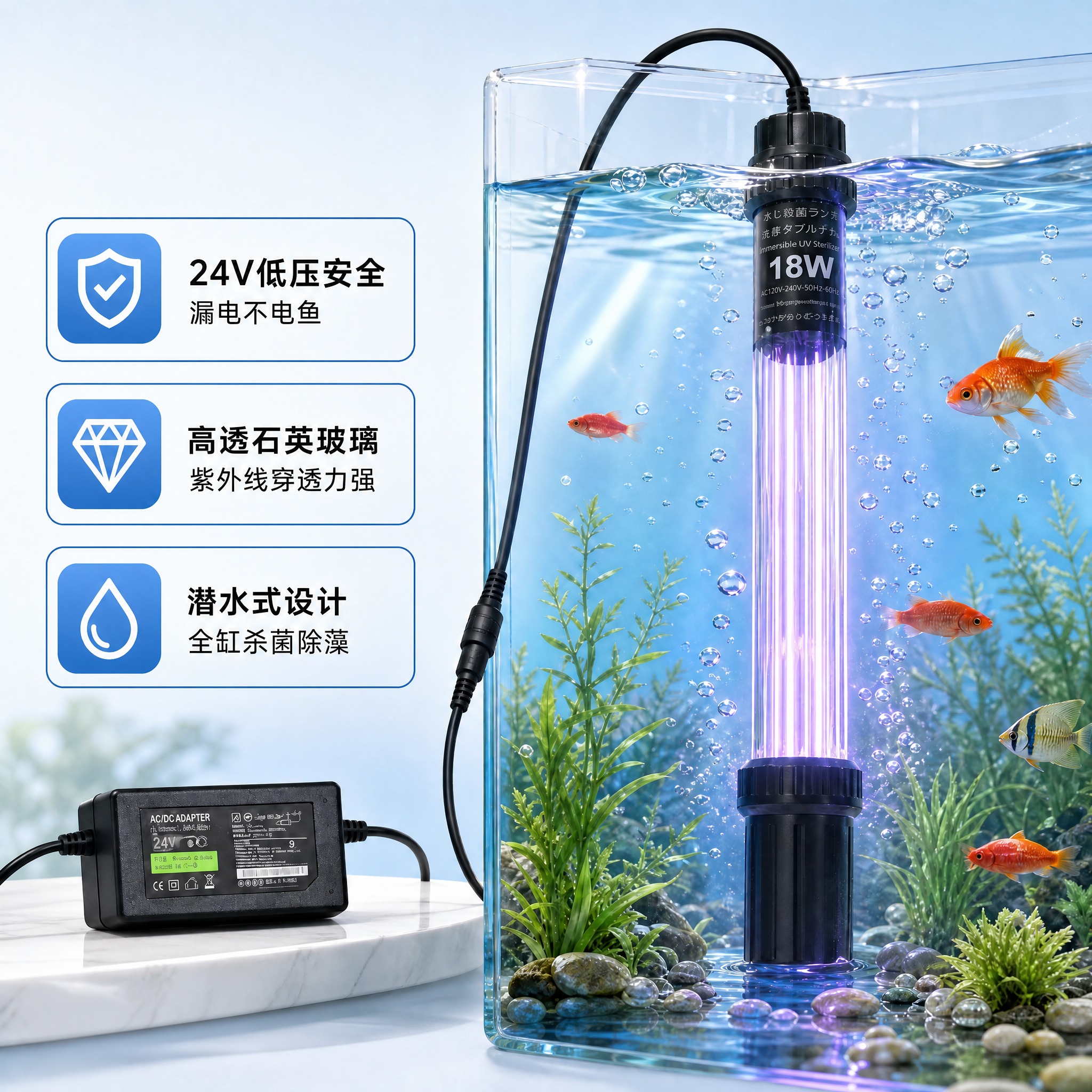[单张主图] 24V鱼缸水族UV杀菌灯（18W潜水式），爆款促… - 图片创意预览