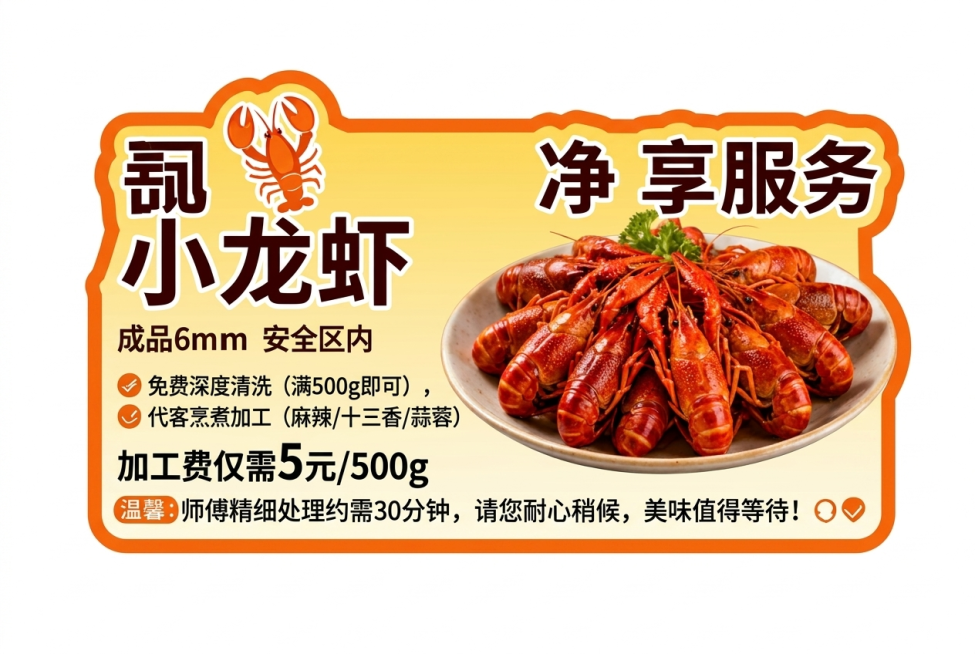 修改图片，只保留异形台牌本身的设计内容，删除所有尺寸标注、文字注释和黑色外背景，输出尺寸调整为宽60cm高40cm，保持原设计内容不变：主标题"小龙虾净享服务"，核心卖点免费深度清洗、代客烹煮加工，加预览效果