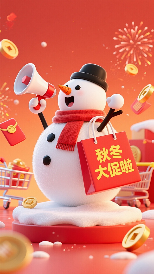 主视觉为一个雪人拿着喇叭，背着红色购物袋大喊，购物袋上写着“秋冬大促啦”，促销感氛围，红橙配色透视背景，红包、金币、礼花、购物车元素点缀画面。