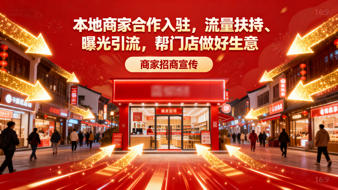 海报设计，16:9，发光的流量箭头涌向店铺门店，热闹商业街背景，红色喜庆风格，文案："7、本地商家合作入驻，流量扶持、曝光引流，帮门店做好生意。"，大字突出主题，商家招商宣传预览效果